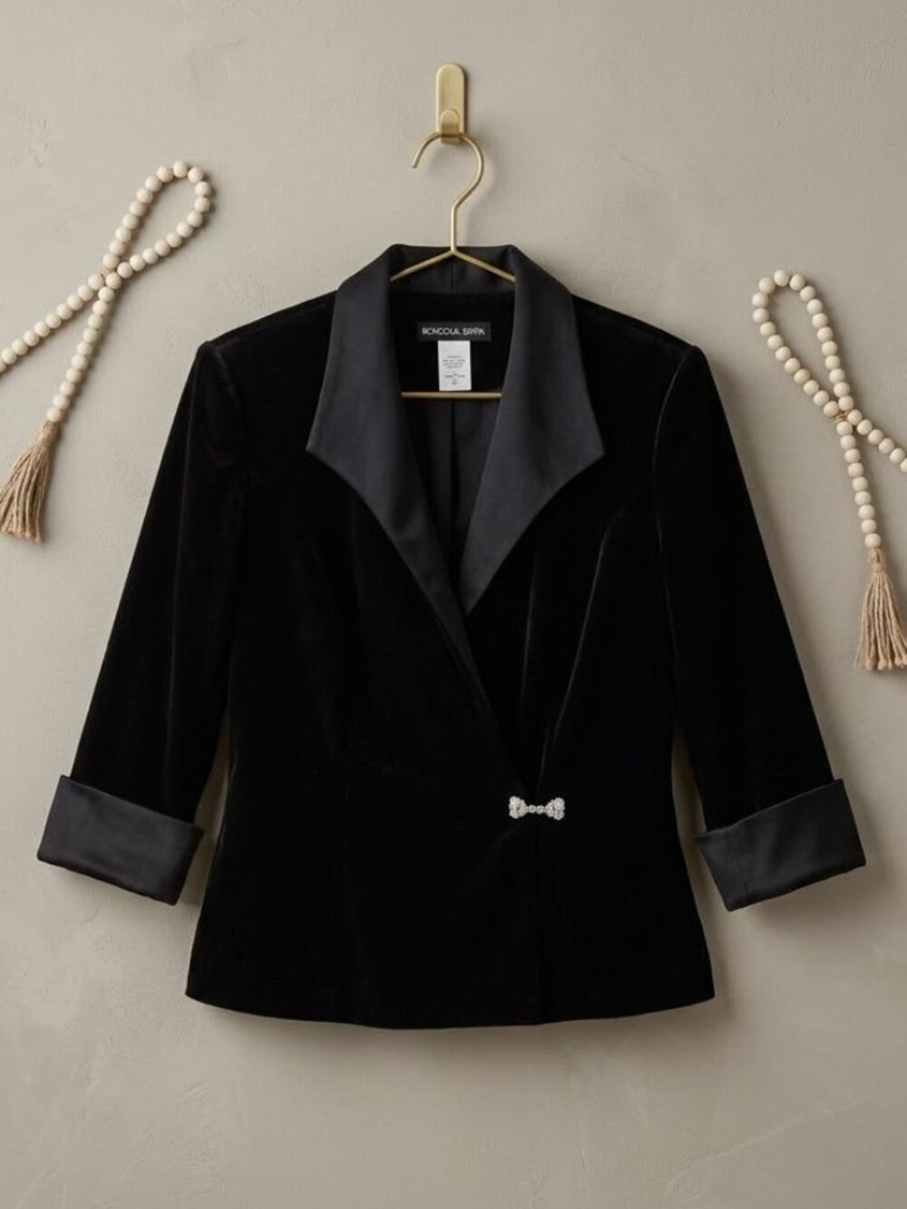 Vintage Whimsigoth Black Velvet Blazer Crystal Clasp 3/4 Sleeve Minimalist SMALL